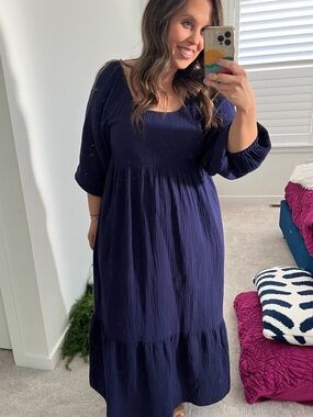 UNIVERSAL THREAD Navy Scoop-Neck Puff-Sleeve Boho Gauzy Maxi Dress - M